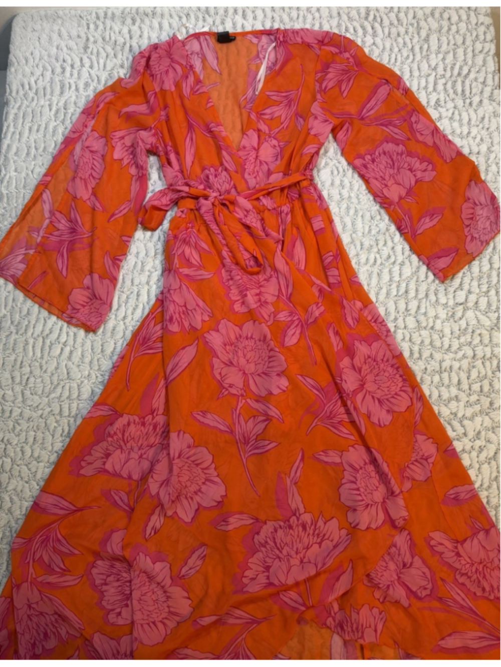 Kate and Lily Floral Wrap Maxi Dress Orange Pink V-Neck Tie Belt 3/4 Sleeve 12